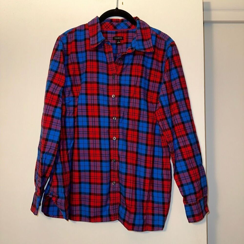 Talbots Women Red Blue Plaid Collared Button Down Shirt Size Large EUC